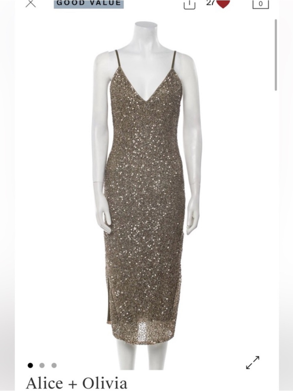 Alice + Olivia sequin beaded gold bronze dress v neck midi semiformal